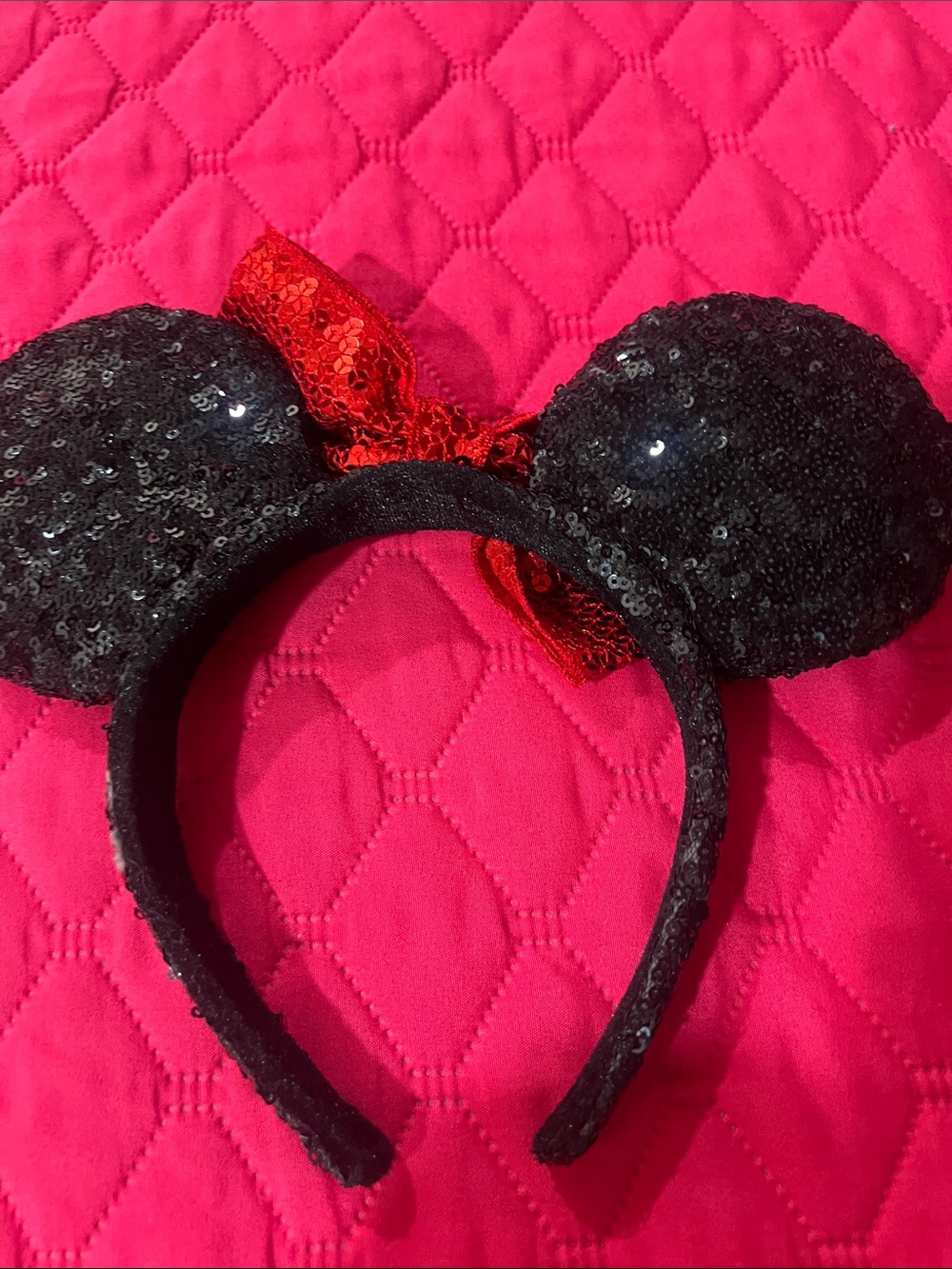 Black Sequin Mouse Ear Headband with Red Sequin Bow - Picture 6 of 10